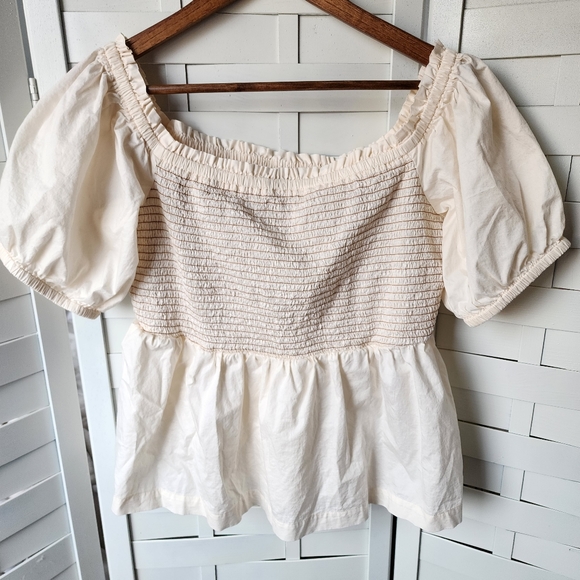 Ivory Smocked Puff Short Sleeve Ivory Regencycore Off The Shoulder Boho Shirt - Picture 9 of 9